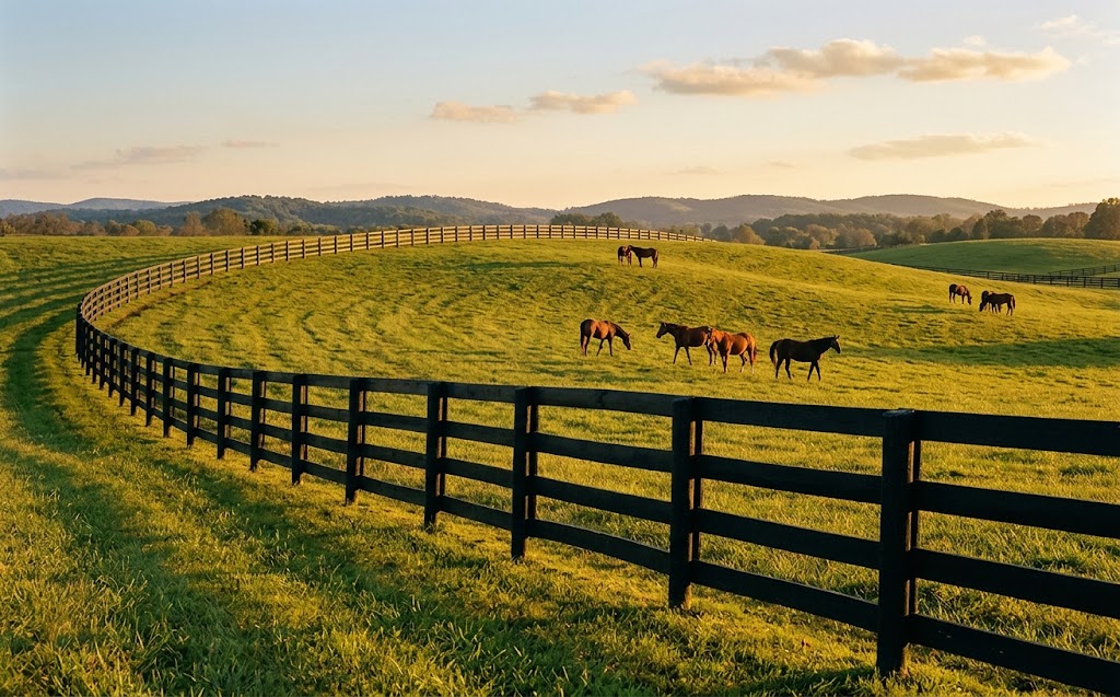 Black four board fence lining rolling Bluegrass pasture, golden hour light