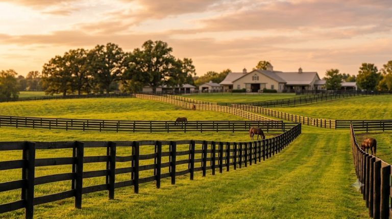 Black four-board fence along a horse pasture with a farmhouse at golden hour