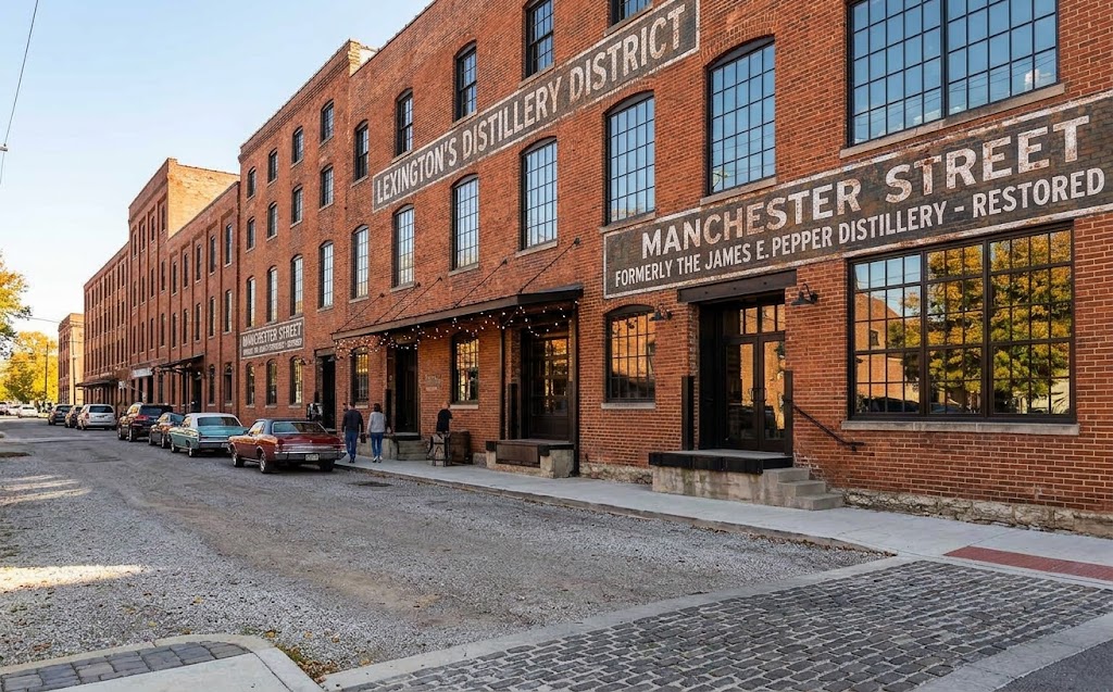 Restored brick bourbon warehouses in Lexington's Distillery District on Manchester Street