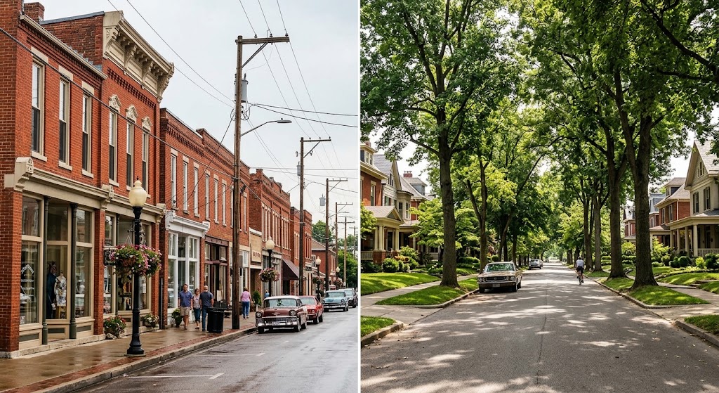 Split image, historic downtown Georgetown on one side, Lexington skyline or a tree lined Lexington street on the other.