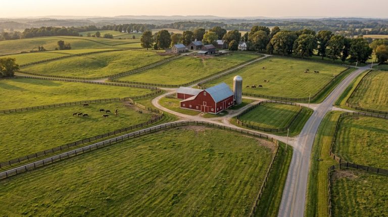 Aerial view of a red barn and fenced fields on Bluegrass farmland